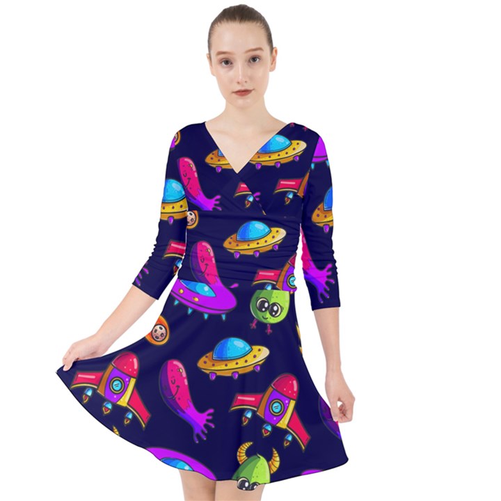 Space Pattern Quarter Sleeve Front Wrap Dress