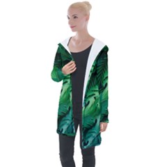 Tropical Green Leaves Background Longline Hooded Cardigan by Amaryn4rt