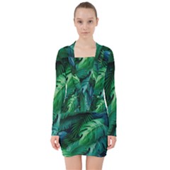 Tropical Green Leaves Background V-neck Bodycon Long Sleeve Dress by Amaryn4rt