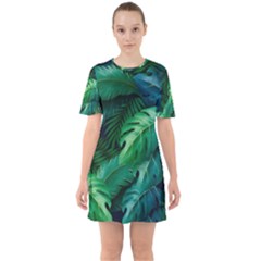 Tropical Green Leaves Background Sixties Short Sleeve Mini Dress by Amaryn4rt