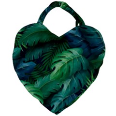 Tropical Green Leaves Background Giant Heart Shaped Tote by Amaryn4rt