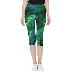 Tropical Green Leaves Background Inside Out Lightweight Velour Capri Leggings  by Amaryn4rt