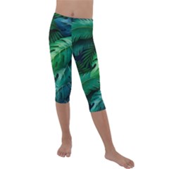 Tropical Green Leaves Background Kids  Lightweight Velour Capri Leggings  by Amaryn4rt