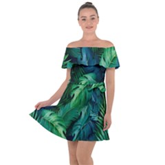 Tropical Green Leaves Background Off Shoulder Velour Dress by Amaryn4rt