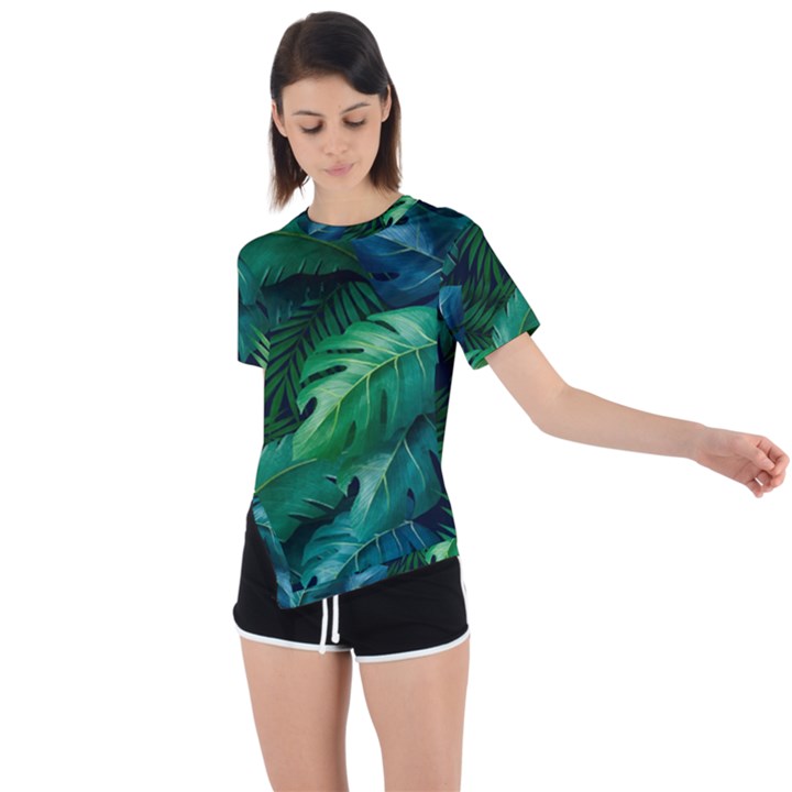 Tropical Green Leaves Background Asymmetrical Short Sleeve Sports Tee