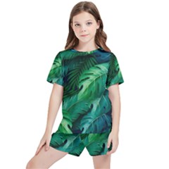 Tropical Green Leaves Background Kids  Tee And Sports Shorts Set by Amaryn4rt