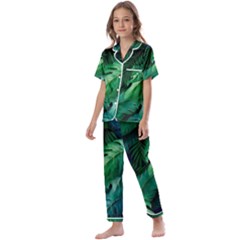 Tropical Green Leaves Background Kids  Satin Short Sleeve Pajamas Set by Amaryn4rt