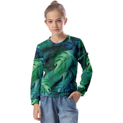 Tropical Green Leaves Background Kids  Long Sleeve Tee With Frill  by Amaryn4rt