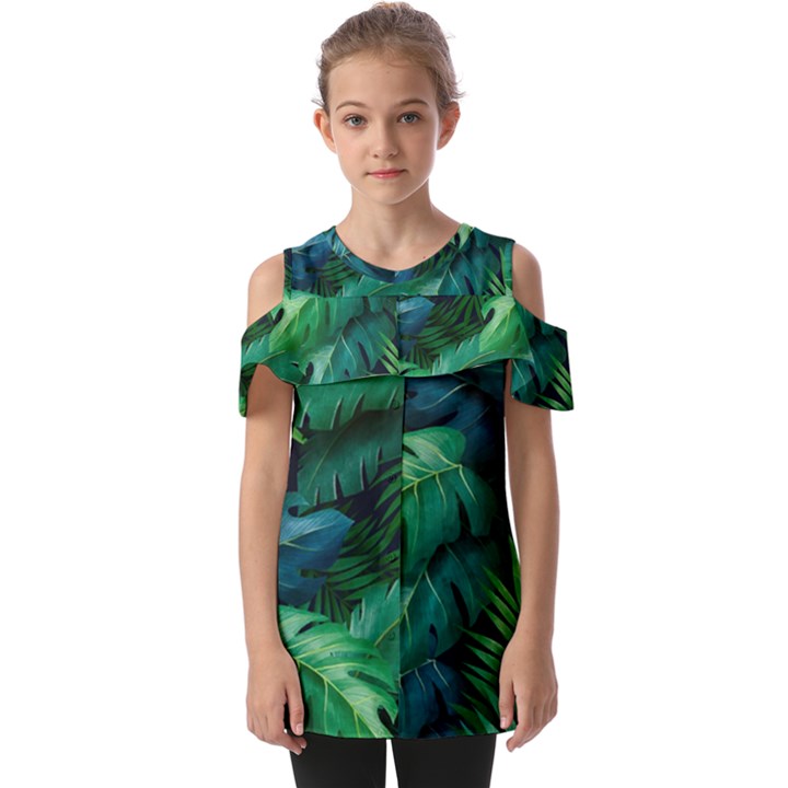 Tropical Green Leaves Background Fold Over Open Sleeve Top