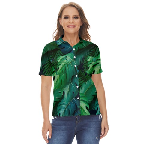 Tropical Green Leaves Background Women s Short Sleeve Double Pocket Shirt by Amaryn4rt