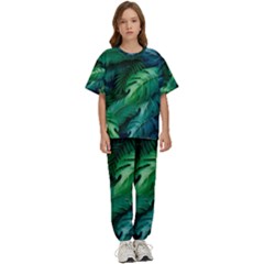 Tropical Green Leaves Background Kids  Tee And Pants Sports Set by Amaryn4rt