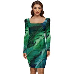 Tropical Green Leaves Background Women Long Sleeve Ruched Stretch Jersey Dress by Amaryn4rt