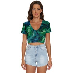 Tropical Green Leaves Background V-neck Crop Top by Amaryn4rt