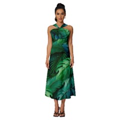 Tropical Green Leaves Background Sleeveless Cross Front Cocktail Midi Chiffon Dress by Amaryn4rt