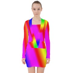 Multi Color Rainbow Background V-neck Bodycon Long Sleeve Dress by Amaryn4rt