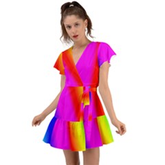 Multi Color Rainbow Background Flutter Sleeve Wrap Dress by Amaryn4rt