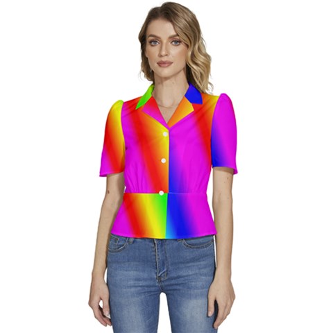 Multi Color Rainbow Background Puffed Short Sleeve Button Up Jacket by Amaryn4rt