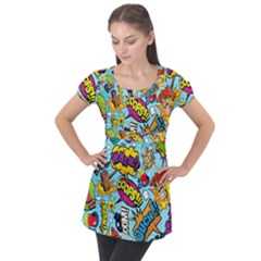 Comic Elements Colorful Seamless Pattern Puff Sleeve Tunic Top by Amaryn4rt