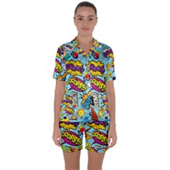 Comic Elements Colorful Seamless Pattern Satin Short Sleeve Pajamas Set