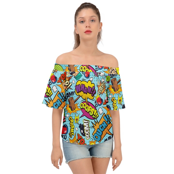 Comic Elements Colorful Seamless Pattern Off Shoulder Short Sleeve Top