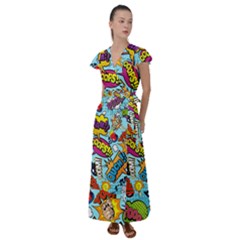 Comic Elements Colorful Seamless Pattern Flutter Sleeve Maxi Dress by Amaryn4rt