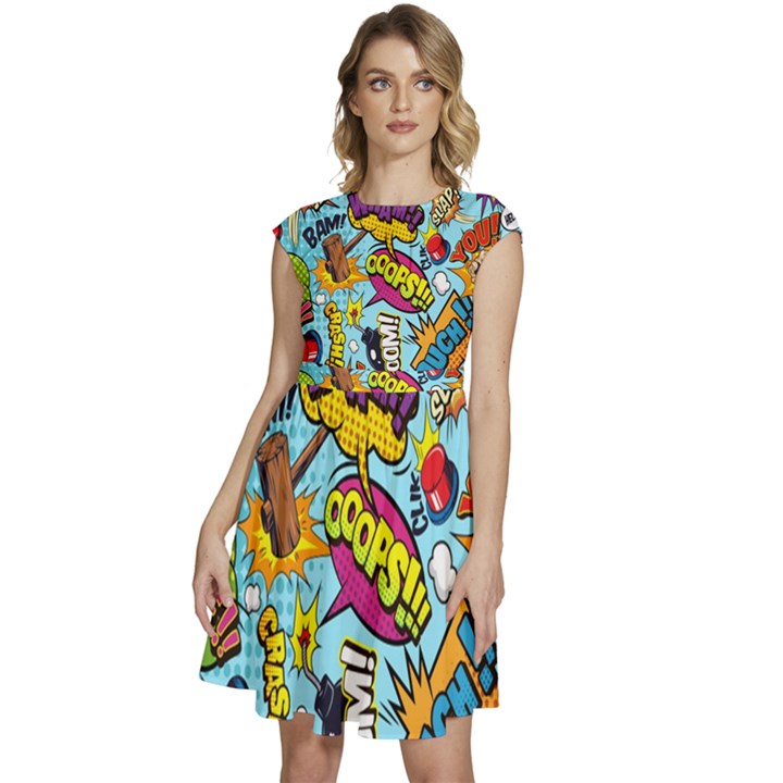 Comic Elements Colorful Seamless Pattern Cap Sleeve High Waist Dress