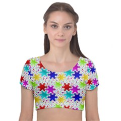 Snowflake Pattern Repeated Velvet Short Sleeve Crop Top  by Amaryn4rt