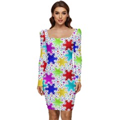 Snowflake Pattern Repeated Women Long Sleeve Ruched Stretch Jersey Dress by Amaryn4rt