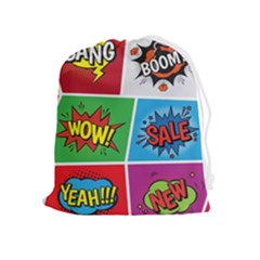 Pop Art Comic Vector Speech Cartoon Bubbles Popart Style With Humor Text Boom Bang Bubbling Expressi Drawstring Pouch (xl) by Amaryn4rt