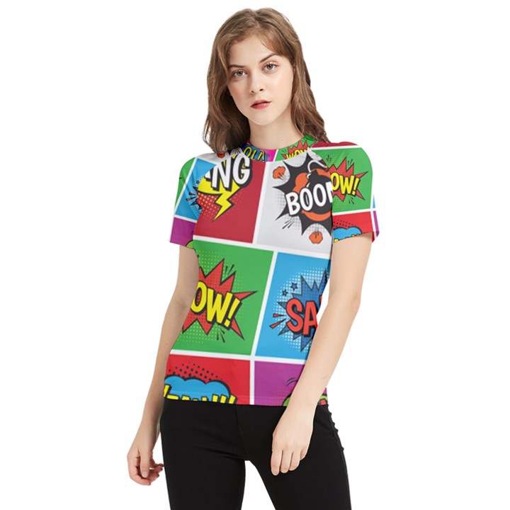 Pop Art Comic Vector Speech Cartoon Bubbles Popart Style With Humor Text Boom Bang Bubbling Expressi Women s Short Sleeve Rash Guard