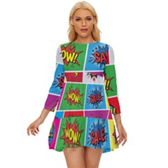 Pop Art Comic Vector Speech Cartoon Bubbles Popart Style With Humor Text Boom Bang Bubbling Expressi Long Sleeve Babydoll Dress by Amaryn4rt