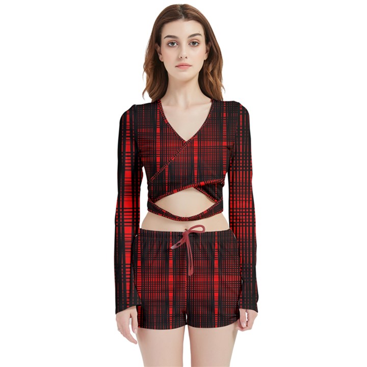 Black And Red Backgrounds Velvet Wrap Crop Top and Shorts Set