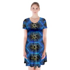 Blue Bee Hive Pattern- Short Sleeve V-neck Flare Dress by Amaryn4rt