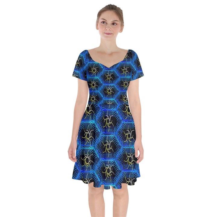 Blue Bee Hive Pattern- Short Sleeve Bardot Dress