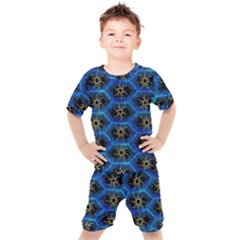 Blue Bee Hive Pattern- Kids  Tee And Shorts Set by Amaryn4rt