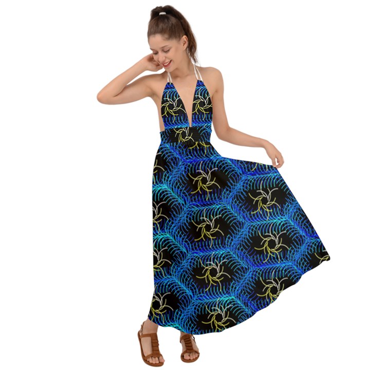 Blue Bee Hive Pattern- Backless Maxi Beach Dress