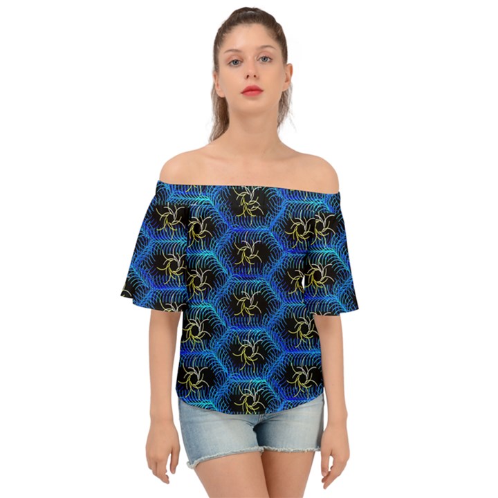 Blue Bee Hive Pattern- Off Shoulder Short Sleeve Top