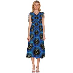 Blue Bee Hive Pattern- V-neck Drawstring Shoulder Sleeveless Maxi Dress by Amaryn4rt