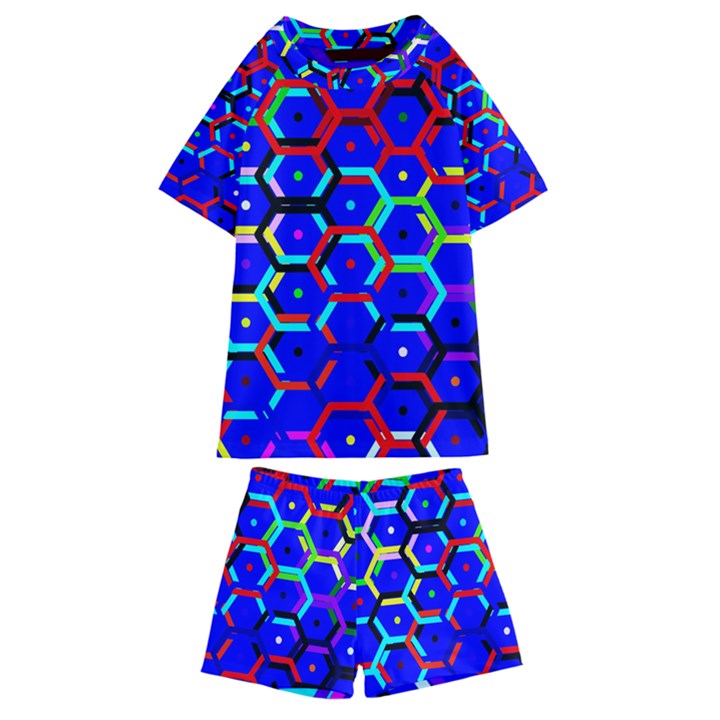 Blue Bee Hive Pattern Kids  Swim Tee and Shorts Set