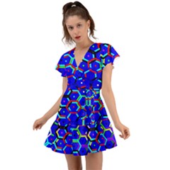 Blue Bee Hive Pattern Flutter Sleeve Wrap Dress by Amaryn4rt