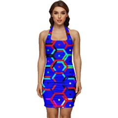 Blue Bee Hive Pattern Sleeveless Wide Square Neckline Ruched Bodycon Dress by Amaryn4rt