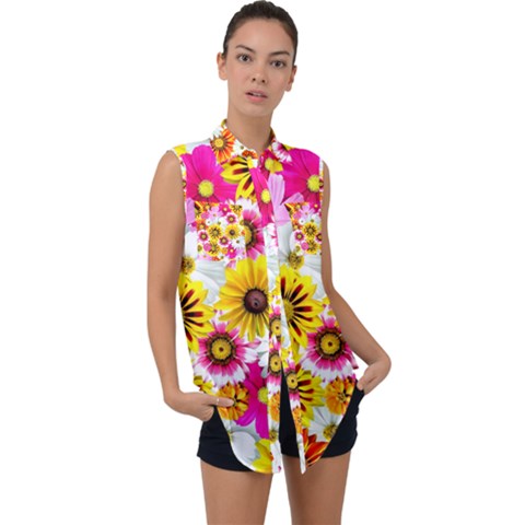 Flowers Blossom Bloom Nature Plant Sleeveless Chiffon Button Shirt by Amaryn4rt