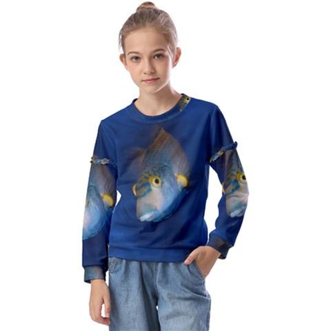 Fish Blue Animal Water Nature Kids  Long Sleeve Tee With Frill  by Amaryn4rt