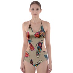 Tattoos Colorful Seamless Pattern Cut-out One Piece Swimsuit