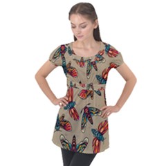 Tattoos Colorful Seamless Pattern Puff Sleeve Tunic Top by Amaryn4rt