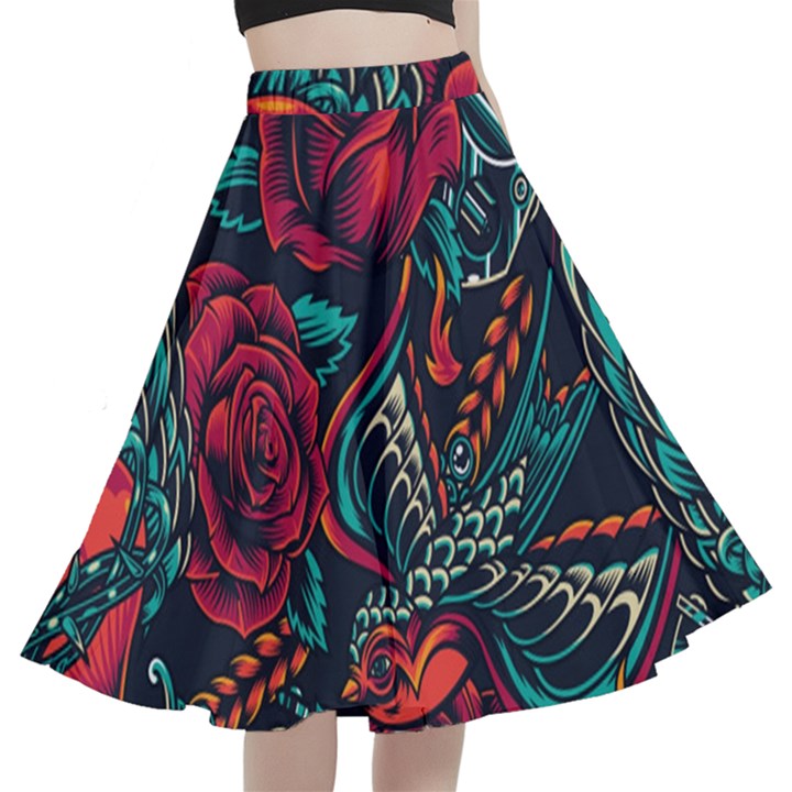 Vintage Flash Tattoos Designs Seamless Pattern A-Line Full Circle Midi Skirt With Pocket