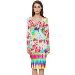 Pattern Decorated Schoolbus Tie Dye Long Sleeve V-neck Bodycon Dress  by Amaryn4rt