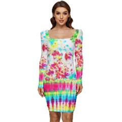 Pattern Decorated Schoolbus Tie Dye Women Long Sleeve Ruched Stretch Jersey Dress by Amaryn4rt