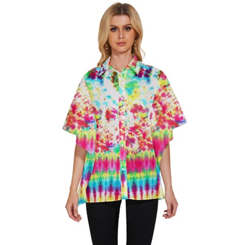 Pattern Decorated Schoolbus Tie Dye Women s Batwing Button Up Shirt by Amaryn4rt