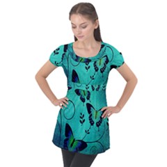 Texture Butterflies Background Puff Sleeve Tunic Top by Amaryn4rt